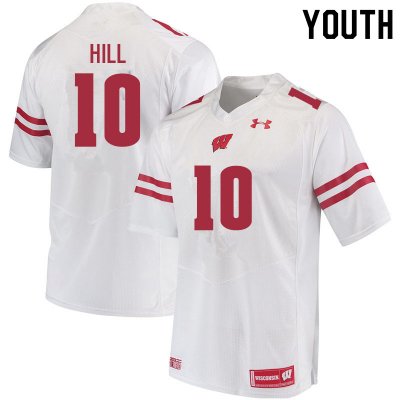Youth Wisconsin Badgers NCAA #10 Deacon Hill White Authentic Under Armour Stitched College Football Jersey SC31Z28LL